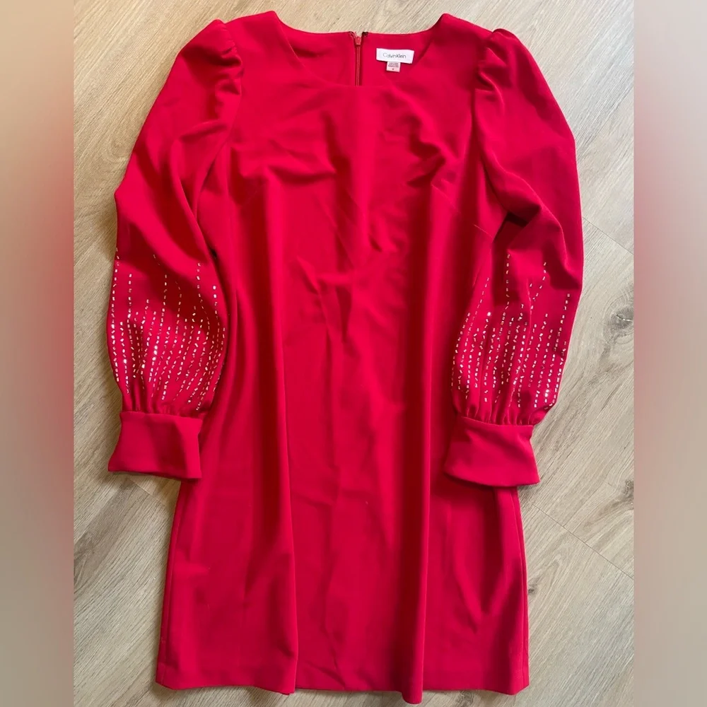 Calvin Klein Red Long-Sleeve Embellished Shift Dress - Picture 2 of 14
